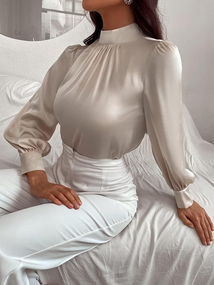 Shirts for Women Satin Mock Neck Puff Sleeve Blouse Fashion